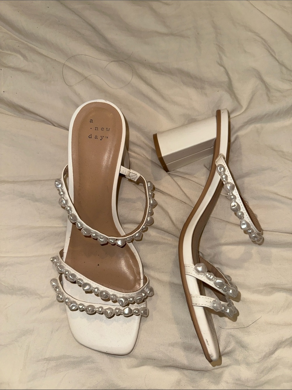 a new day White Pearl-Trim Block Heel Sandals
